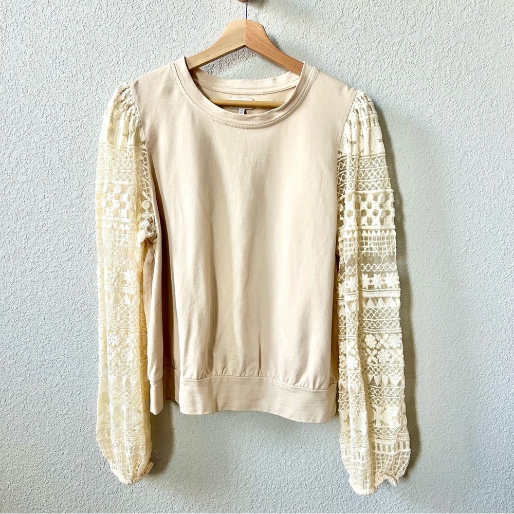 The Odells Jenna Lace Sleeve Sweatshirt Size Medium Ivory Puff Anthropologie